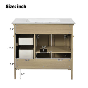 English Elm 36" Light Oak Bathroom Vanity with Ceramic Sink, Rattan Accents, Soft-Close Doors & Spacious Drawers N729P208125O
