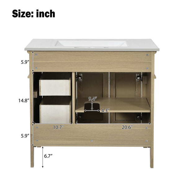 English Elm 36" Light Oak Bathroom Vanity with Ceramic Sink, Rattan Accents, Soft-Close Doors & Spacious Drawers N729P208125O