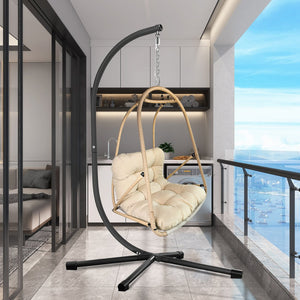 English Elm Swing Egg Chair with Stand - Foldable Rattan Hanging Basket Seat, Cushioned Comfort, Cup Holder Beige+Brown W2707P388617