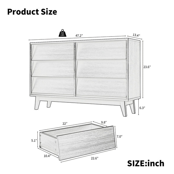 English Elm 6 Drawer Double Dresser with Vintage Bevel Design, Brown MDF, Smooth Glide Drawers, Stylish Storage Solution W578P191570