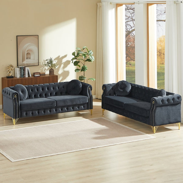 English Elm Velvet Chesterfield Tufted Sofa with Copper Stud Trim and Gold Legs for Glam Living Black W834S00625