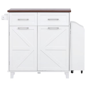 English Elm K&K 47.2" Farmhouse Kitchen Island with Drop Leaf, Removable Side Shelf, Trash Cabinet, Wheels White N707P307296W