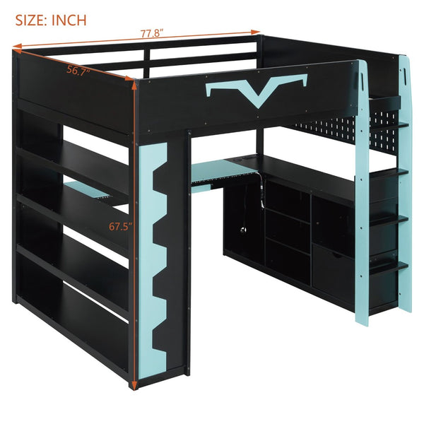English Elm Full Size Gaming Loft Bed with Desk Rgb Lighting Power Outlet and Storage Drawer Blue LT000285AAC