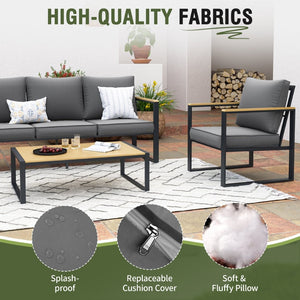 English Elm Outdoor 4 Piece Aluminum Conversation Set Faux Wood Frame with Grey Cushions W2071S00005