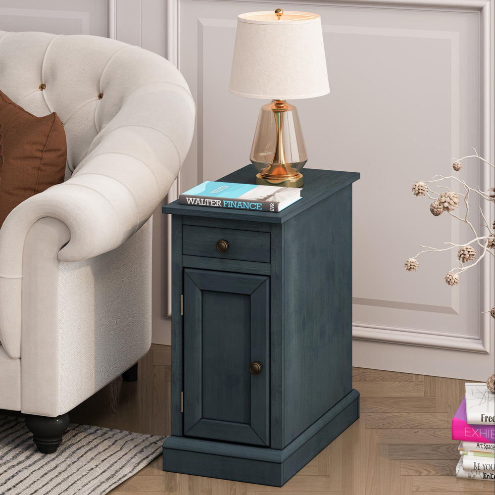 English Elm Accent Key West End Table in Antique Blue-Green Finish, Solid Wood Veneer, Coastal Farmhouse Charm with Bronze Knob, 11.75 x 21.75 x 24.25 in W869P372478
