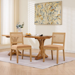 English Elm Farmhouse Rattan Back Dining Chairs Set of 2 with Linen Seat and Hardwood Legs Tan W1143P452937