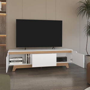 English Elm TV Stand Modern White & Natural Oak, 2 Doors 1 Drawer, Compact FSC-Certified Media Storage Unit B097P369436