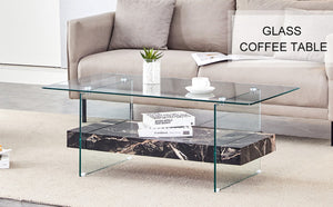 English Elm Rectangular Two Tier Glass Coffee Table with Marble Shelf for Modern Living Rooms W2920P226071