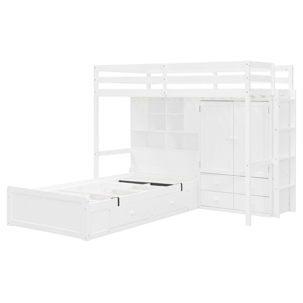 English Elm Twin Bunk Bed with Wardrobe Drawers Hydraulic Lift Shelves Kids Storage White LT000666AAK-1