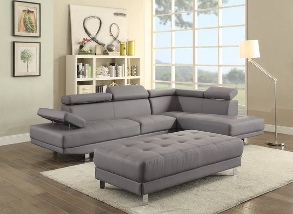 English Elm Riveredge Modern Right-Facing Chaise Sectional with Adjustable Arm & Headrest, Chrome Legs, PU Comfort Gray 21 L x 76 W x 34 H B078S00402