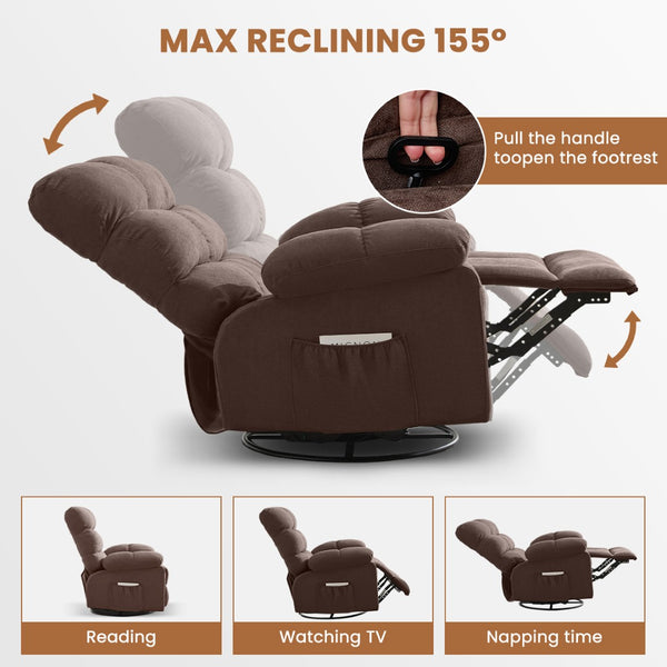 English Elm Swivel Rocker Recliner Ergonomic Glider Chair with Storage Pockets for Small Spaces Brown W1521P479285