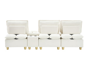 English Elm 104-inch pumpkin flannel three-seater sofa with storage cabinet, cup holders, adjustable backrest, comfy modern design Beige W1658S00096