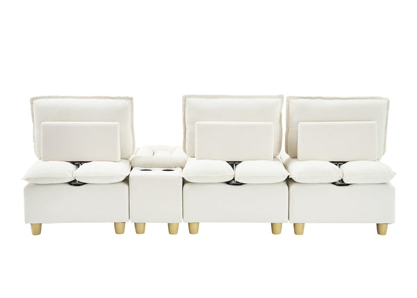 English Elm 104-inch pumpkin flannel three-seater sofa with storage cabinet, cup holders, adjustable backrest, comfy modern design Beige W1658S00096