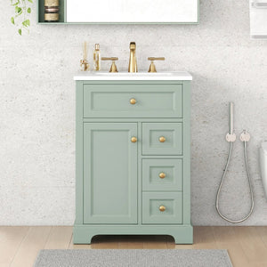 English Elm "24'' 24 Inch Glossy Freestanding Bathroom Vanity with Gold Hardware and Soft Close Storage Green Pinewood N725P375495F