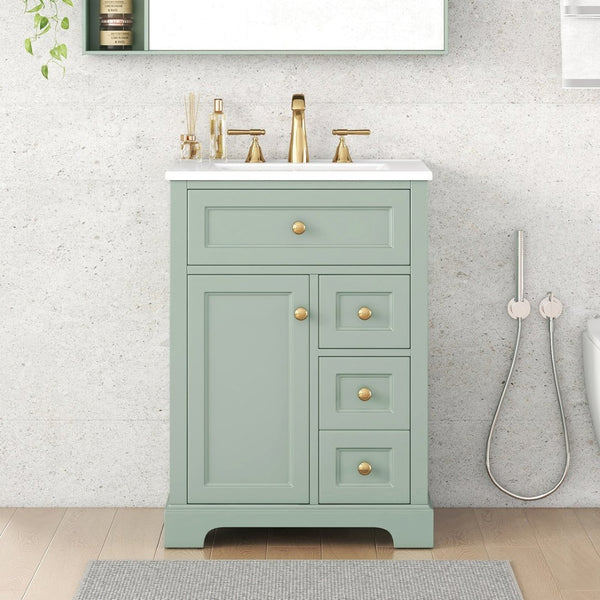 English Elm "24'' 24 Inch Glossy Freestanding Bathroom Vanity with Gold Hardware and Soft Close Storage Green Pinewood N725P375495F
