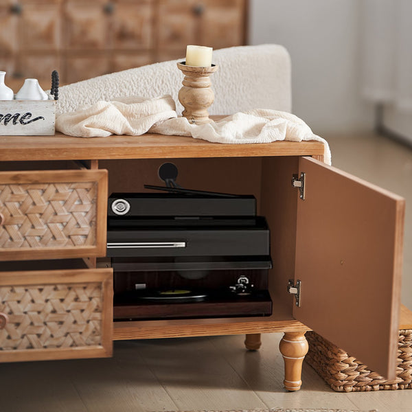 English Elm Rattan Mid-Century TV Stand 63.8" for TVs up to 65" — Rattan Doors, 2 Drawers, Adjustable Shelf, Cord Management W3040P382306