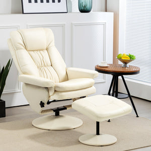 English Elm HOMCOM Plush PU Leather Swivel Recliner with Ottoman, 360° Rotating Relaxing Chair with Footrest and Adjustable Backrest for Living Room Office Comfort Cream White W2225P217429