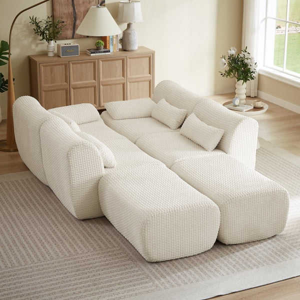 English Elm Sectional U-shaped Corduroy Sofa with Ottoman Convertible Layout for Any Living Room Cream W2339S00155