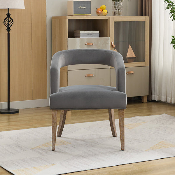 English Elm 25.79" Wide Modern Barrel Accent Chair In Gray Velvet With Weathered Wood Legs For Dining & Living Rooms W3118P254209