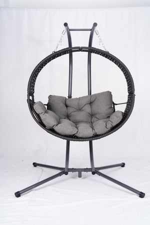 English Elm Double Hanging Egg Chair with Stand, Oversized 2-Person Rattan Swing, Convertible Recline, 700lb Capacity W2500P288856