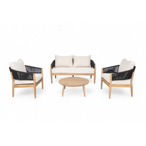 English Elm Christopher Knight Home® - Verona Acacia Wood Outdoor Chat Set with Plush Cushions, Hand-Braided Rope Accents, Weatherproof Finish Beige,Black,Natural VERONA4CTBLK