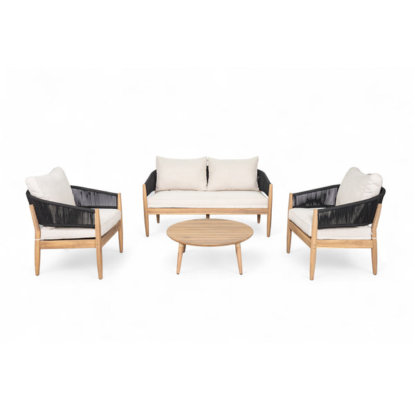 English Elm Christopher Knight Home® - Verona Acacia Wood Outdoor Chat Set with Plush Cushions, Hand-Braided Rope Accents, Weatherproof Finish Beige,Black,Natural VERONA4CTBLK