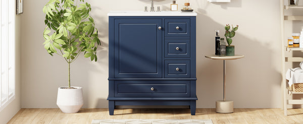 English Elm Christopher Knight Home® - 30" Freestanding Bathroom Vanity with Ceramic Sink, Soft-Close Door, Gold Knobs & 3 Drawers, Durable Painted Finish Blue N759P225994C