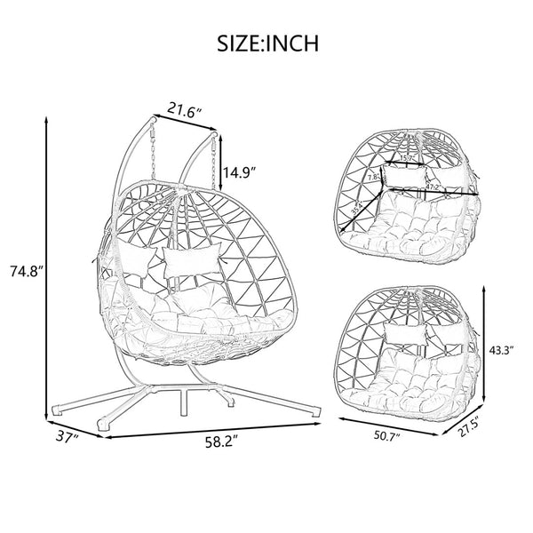 English Elm 2 Person Wicker Hanging Egg Chair with Freestanding Stand Outdoor Patio Swing Seat Blue W1703P444372