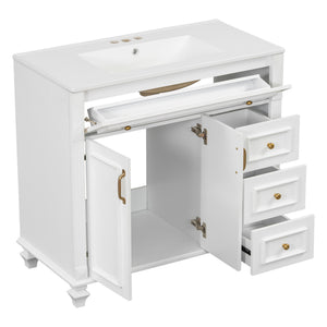 English Elm 36" Modern Bathroom Vanity with Ceramic Sink, Gold Handles, Flip-Out Drawer & Soft-Close Doors White N725P283623K