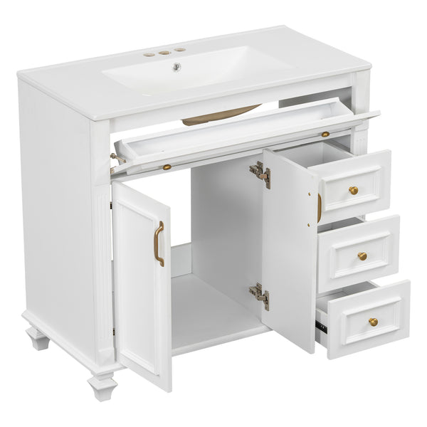 English Elm 36" Modern Bathroom Vanity with Ceramic Sink, Gold Handles, Flip-Out Drawer & Soft-Close Doors White N725P283623K