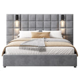 Christopher Knight Home® - Noble House - - Upholstered Queen Bed,With Reading Lamp And Usb Port, Wide Headboard,Without Bedside Tables And Mattress, Velvet, Grey