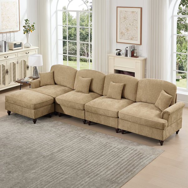 English Elm Classic Modular Chenille Sectional Couch - L-Shaped, Flared Arms, Removable Skirts & Movable Ottoman W3041S00250