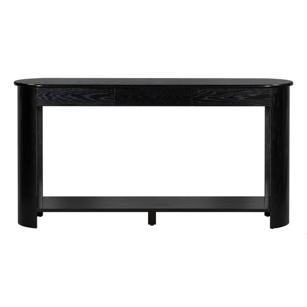 English Elm U_style Oak Veneer Console Table with 3 Drawers Open Shelf Entryway Hallway Storage Black N711P395523B