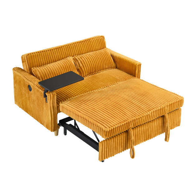 English Elm The pull-out and push-in corduroy sofa with convertible bed, movable tabletop and built-in USB ports Yellow W3371P316059