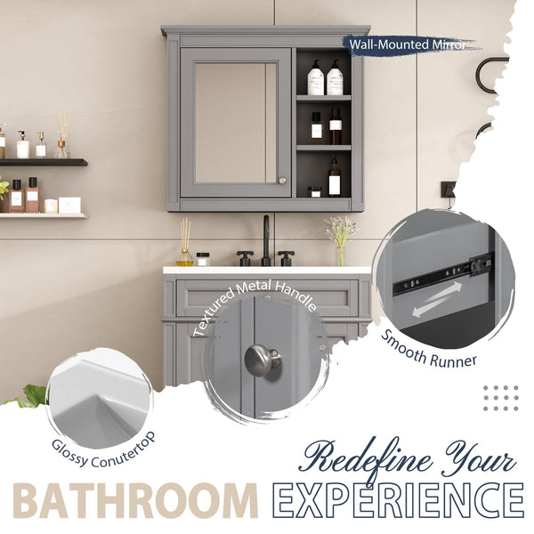 English Elm 30'' Modern Bathroom Vanity Set With Mirror, Stylish Freestanding Cabinet, Ample Storage & Sink SW000127AAE-1