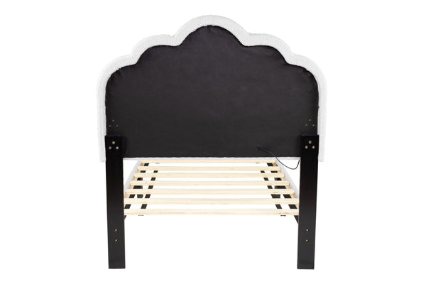 English Elm 1pc Twin Platform Bed White Wool Upholstery Floral Tufted Headboard with Built-in Led B011P417508