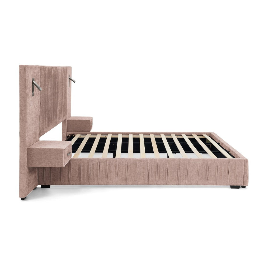 English Elm Queen Upholstered Bed Frame With Chenille Fabric, Pleated Headboard & Built-In Nightstand - Pink W487S00399-GIGA