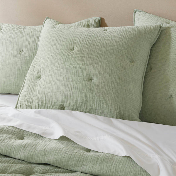 JLA Home Harbor House Blue - Cotton breathable muslin Euro sham with crinkled gauze and delicate embroidery for cozy layered style Sage HH11-1891