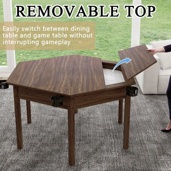 English Elm Board Game Table Hexagonal Dining Surface Removable Top Solid Pine Legs Seats Six W1120S00003