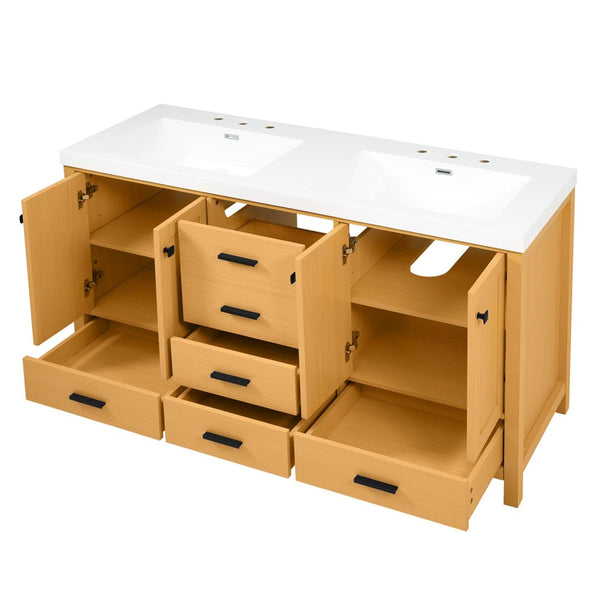 English Elm [video]59.3 Inch Wall Mounted Double Sink Vanity Wood Grain Mdf Soft Close Storage N729P000013O