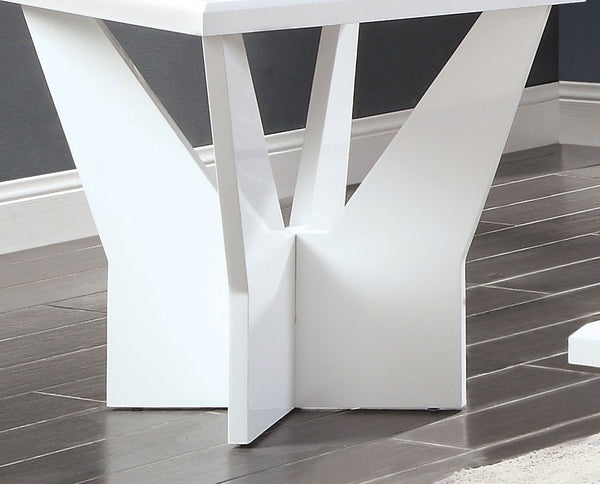 English Elm White glossy end table with geometric base and black tempered glass insert for modern statement decor White 27 L x 34 W x 6 H B2741P360140
