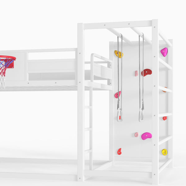 English Elm Twin Metal Loft Bed with Slide Basketball Hoop Climbing Wall and Built-in Shelves W1580S00634