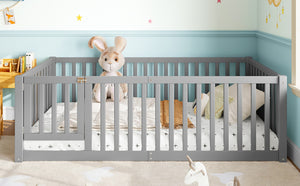English Elm Twin Floor Bed Pine Wood Frame with Guardrails and Door for Safe Toddler Sleep Gray W1580P418051