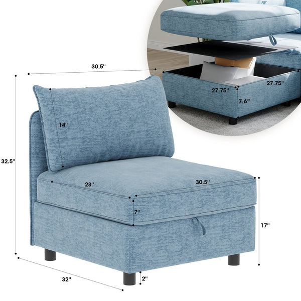 English Elm Armless Modular Sectional Seat Set with Hidden Storage and Sleeper Convertible Design Antique Blue W680P421547
