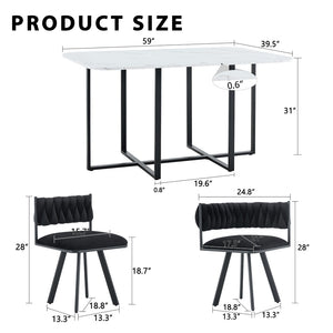 English Elm 7-piece Dining Set Tufted Velvet Chairs Melamine Table Modern Farmhouse Kitchen Black,White W3875S00118