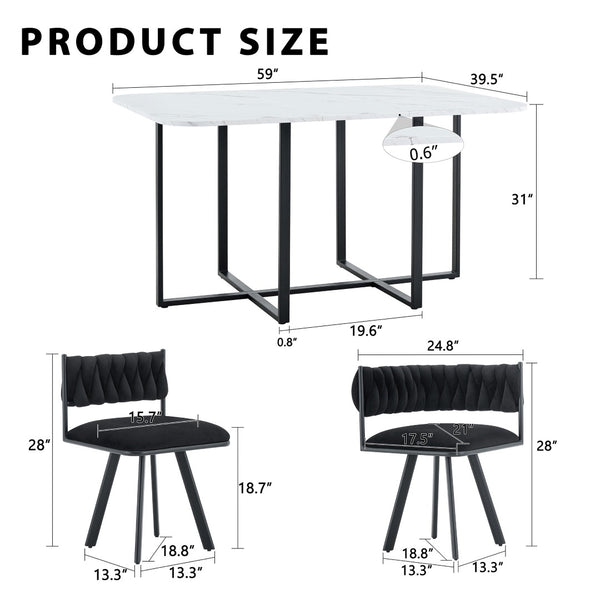English Elm 7-piece Dining Set Tufted Velvet Chairs Melamine Table Modern Farmhouse Kitchen Black,White W3875S00118