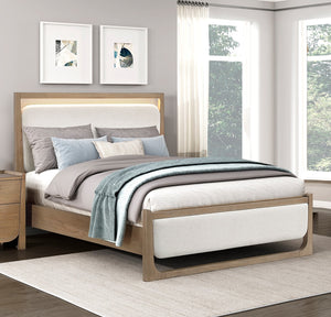English Elm 1pc Modern Upholstered Queen Bed with Hickory Veneer, Touch LED Headboard, Plush Contemporary Design Light Brown 67.5 L x 39.5 W x 5.5 H B011S01821