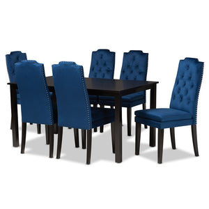Baxton Studio Baxton Dylin 7-Piece Navy Blue Velvet Dining Set with Button-Tufted Chairs and Dark Brown Wood Finish BBT5158-Navy Blue/Dark Brown-7PC Dining Set