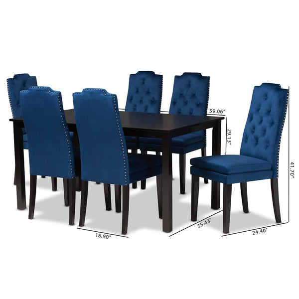 Baxton Studio Baxton Dylin 7-Piece Navy Blue Velvet Dining Set with Button-Tufted Chairs and Dark Brown Wood Finish BBT5158-Navy Blue/Dark Brown-7PC Dining Set