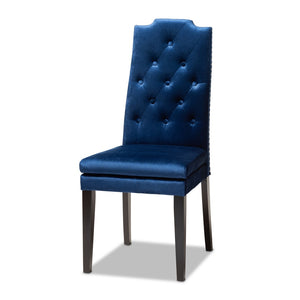 Baxton Studio Baxton Dylin 7-Piece Navy Blue Velvet Dining Set with Button-Tufted Chairs and Dark Brown Wood Finish BBT5158-Navy Blue/Dark Brown-7PC Dining Set